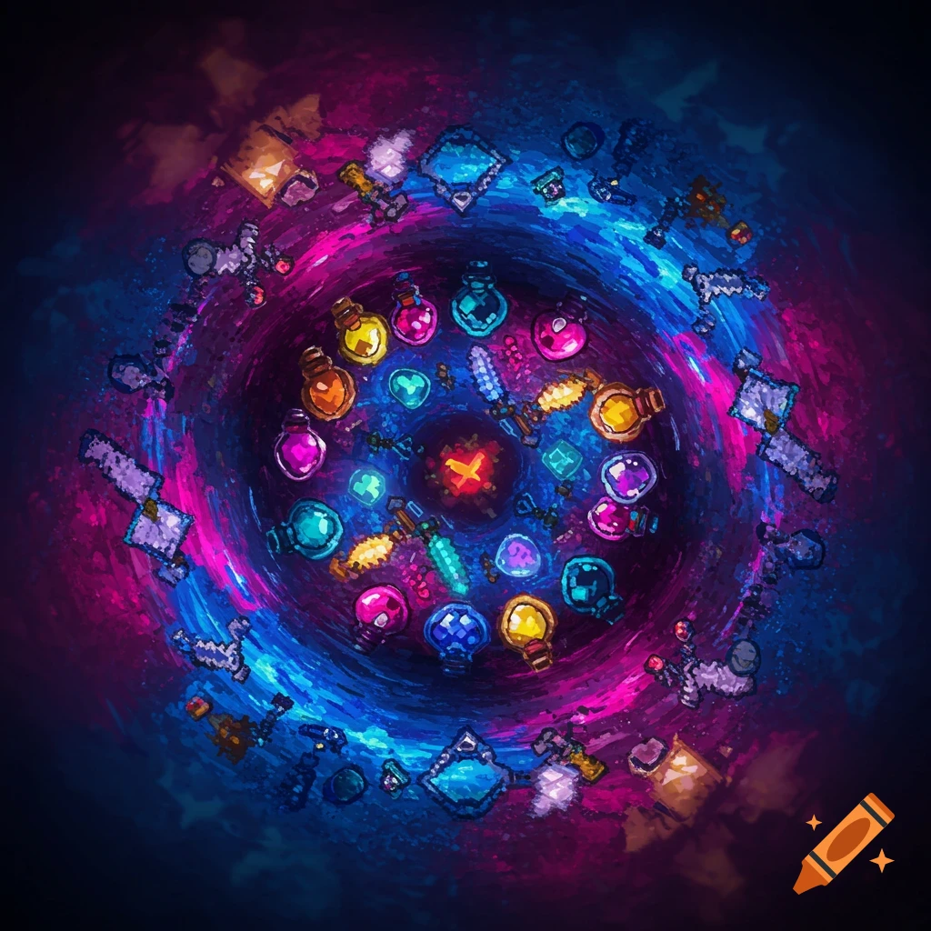 Pixel art style vortex with various colorful Terraria-like items including potions, swords, and gems, swirling in vibrant pink and blue.