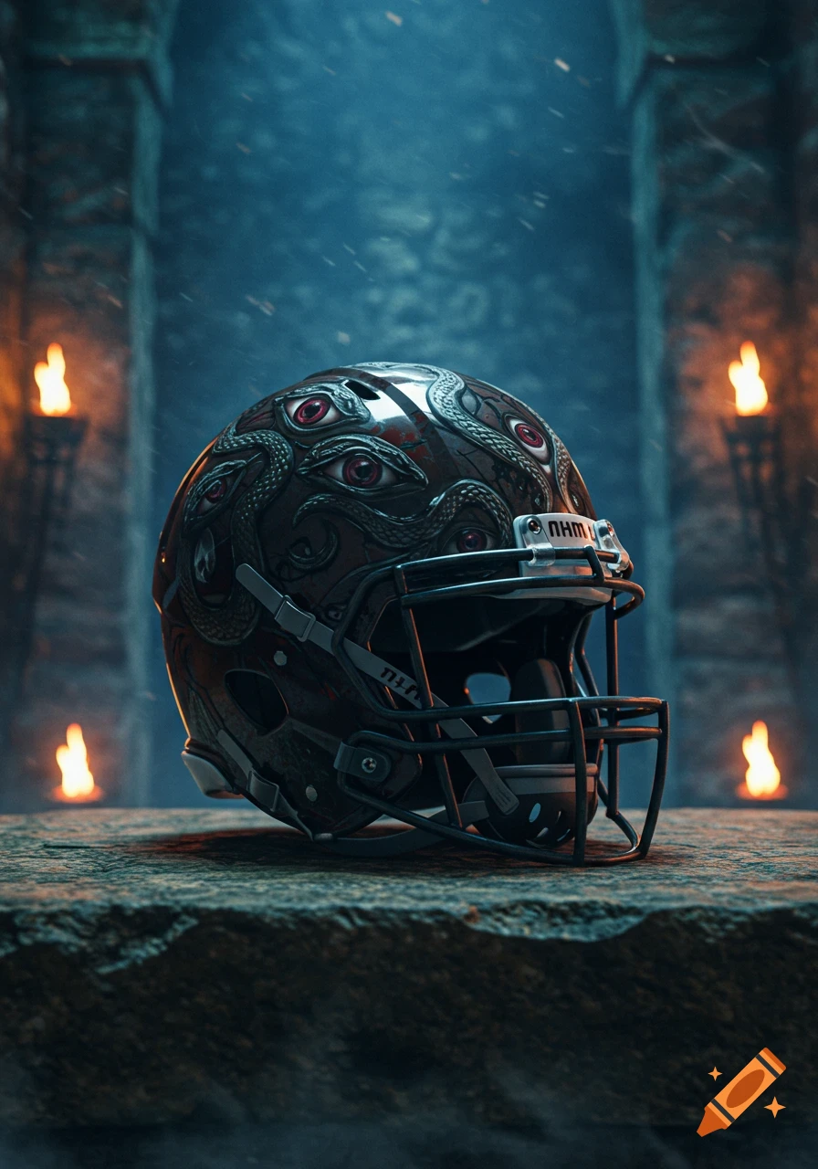A dark, custom football helmet adorned with coiling snakes and multiple red eyes, set on a stone slab in a dimly lit, torch-lit dungeon.