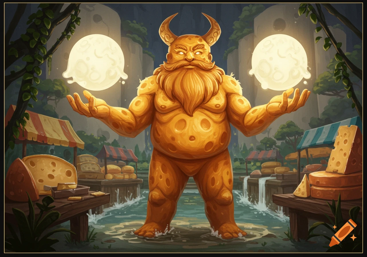 A large, horned, bearded figure with a body of cheese holds two glowing orbs, standing in water amidst cheese market stalls. Illustrative style.