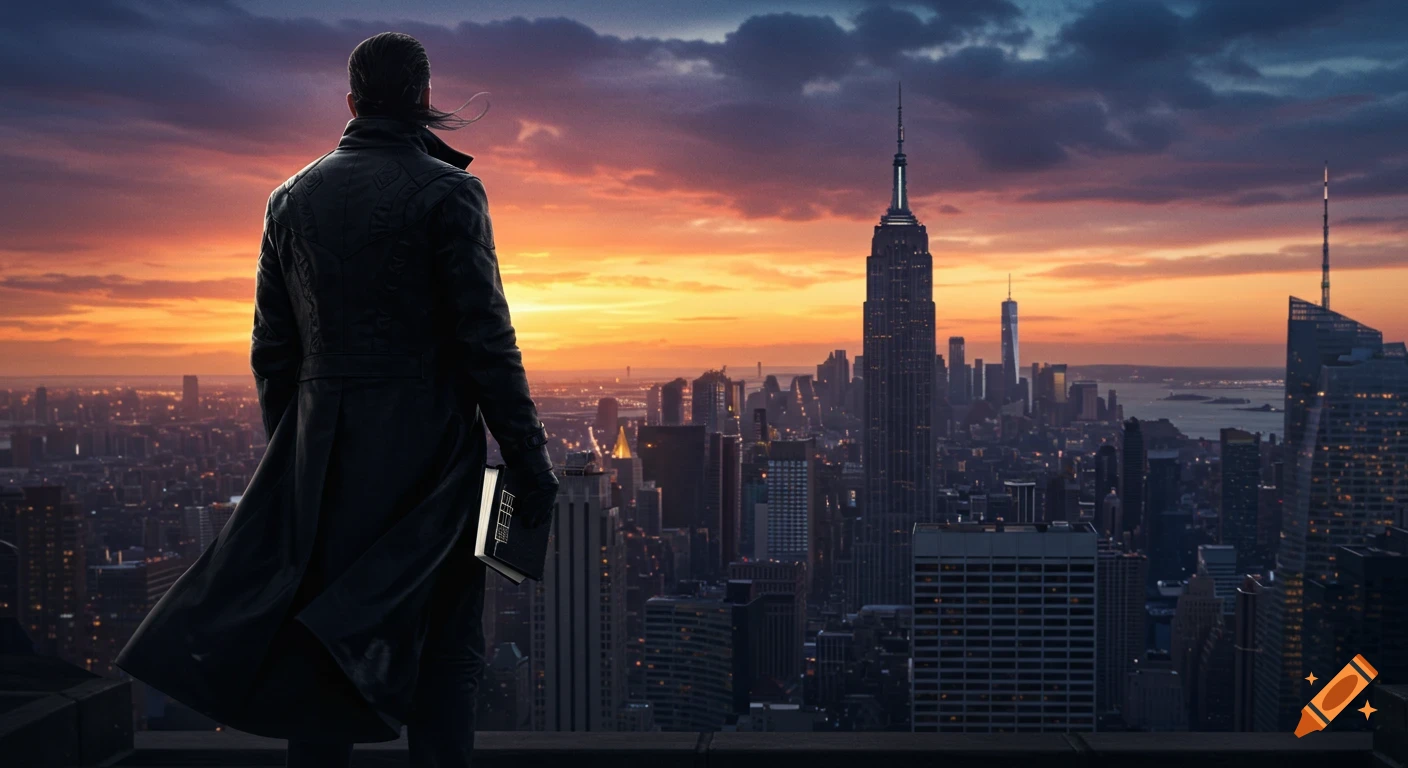 A man in a black leather coat stands on a rooftop overlooking a dramatic New York City sunset, holding a mysterious book.