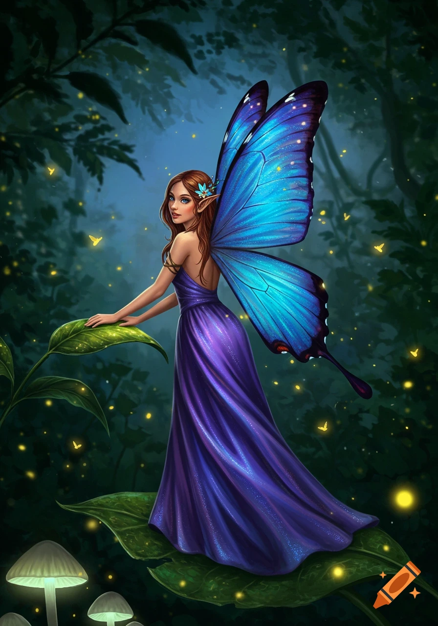 A beautiful fairy with long brown hair, blue eyes, and large blue morpho butterfly wings wears a flowing purple dress, standing amidst glowing mushrooms and fireflies in a magical forest.