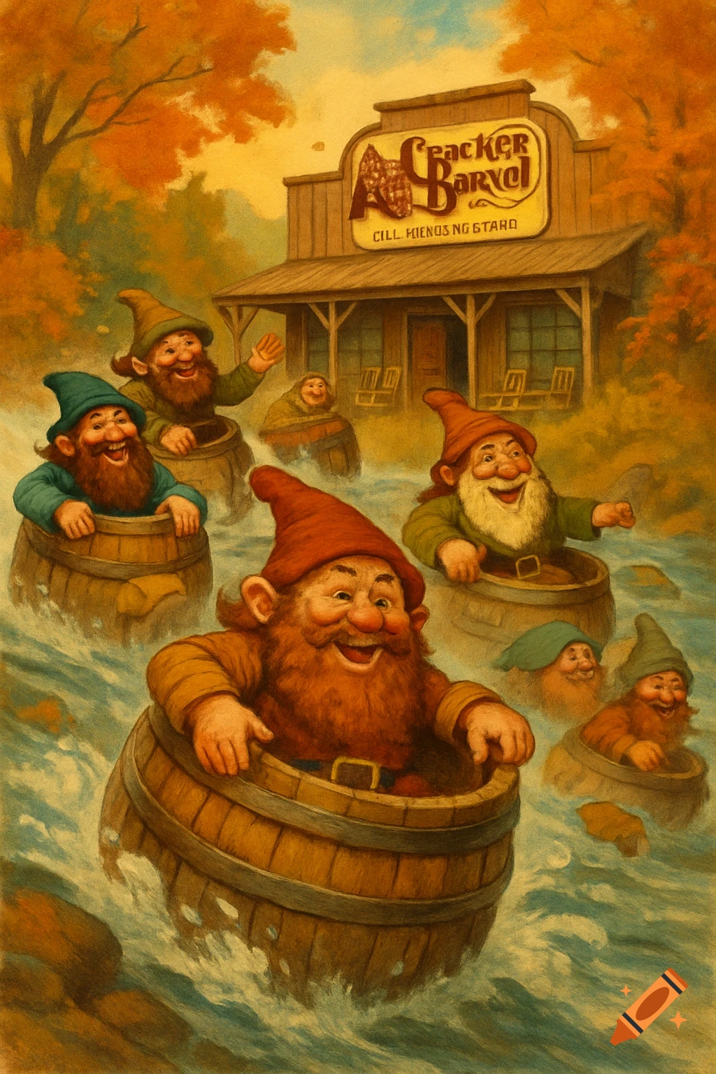 Dwarves in barrels float down a river past a Cracker Barrel restaurant, amidst autumn trees, in a whimsical, painterly style.