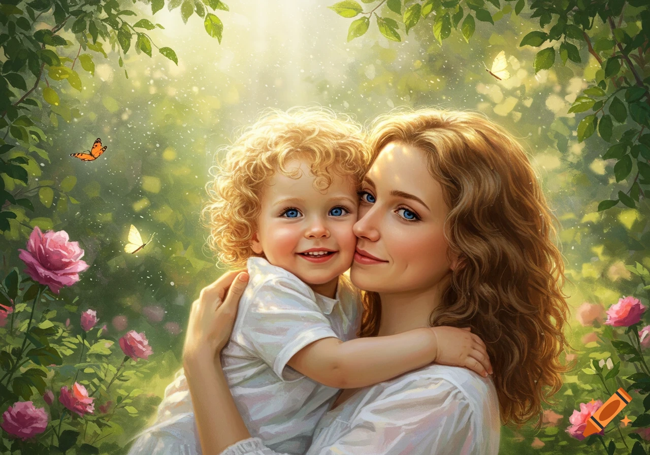 A smiling mother holds her child in a sunny garden with pink roses and butterflies.