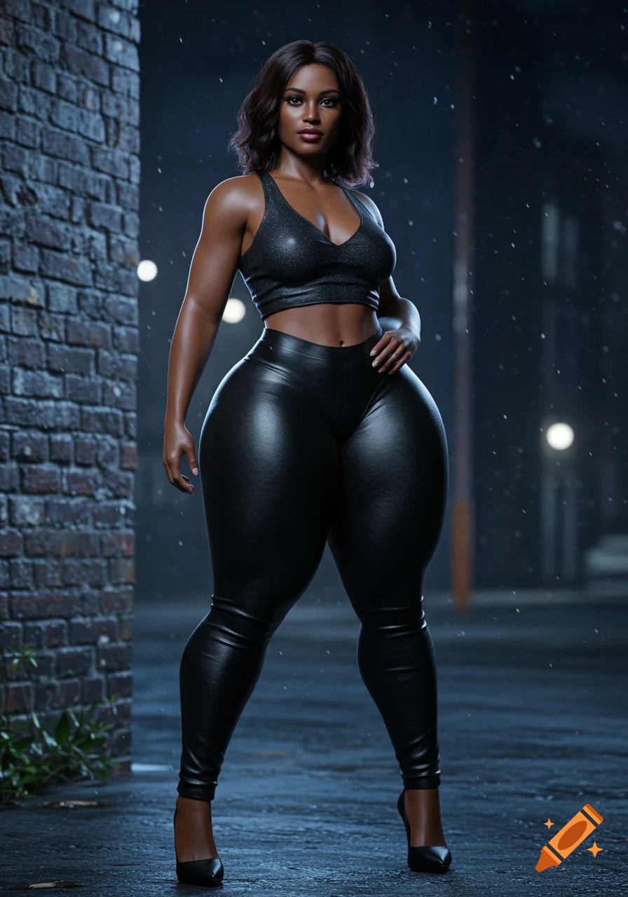 A photorealistic image of a woman with an hourglass figure, wearing a black crop top and shiny black leather pants, standing on a wet street at night with a brick wall to her left.