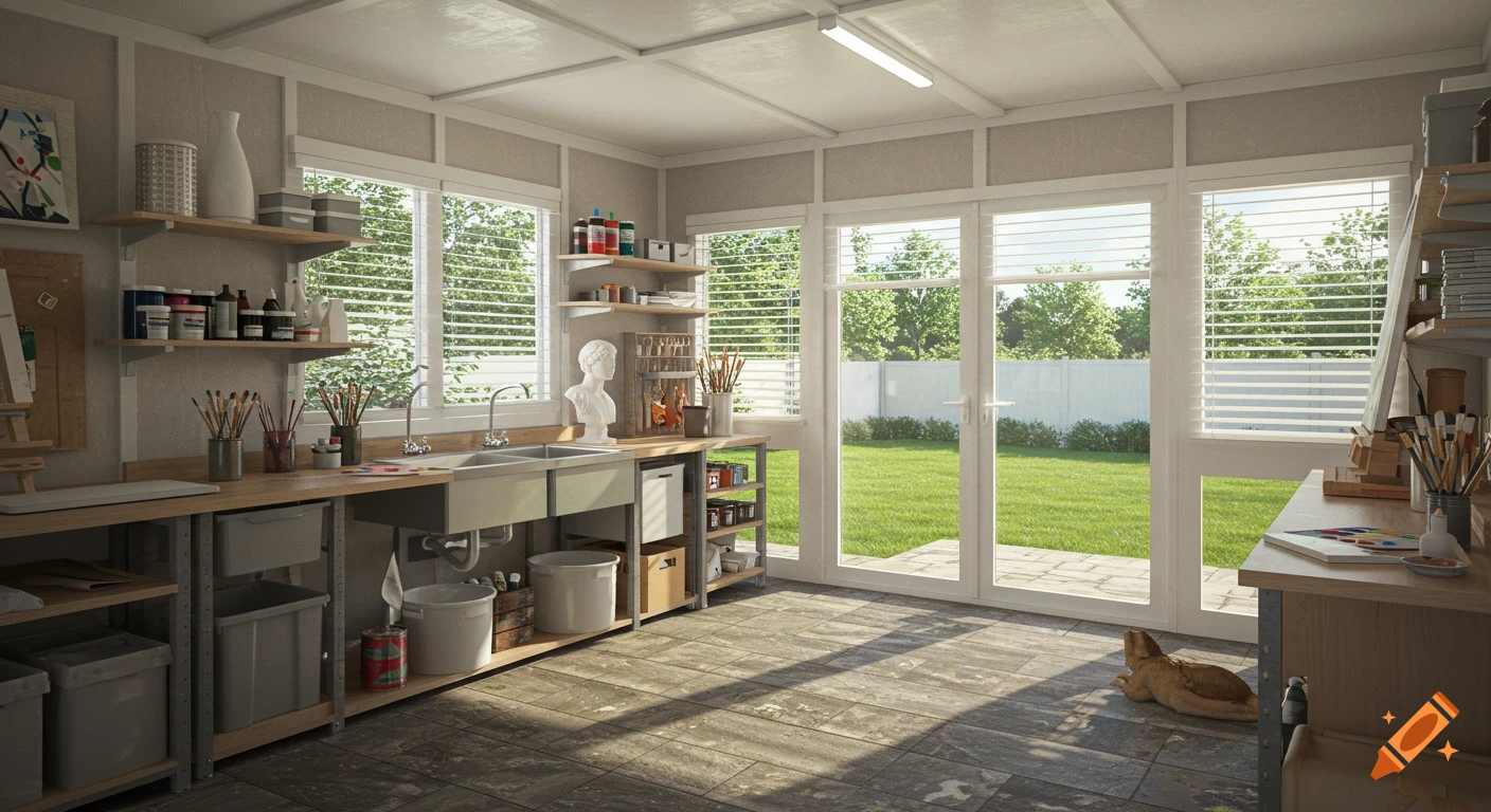 Photorealistic image of a sunlit art studio with wooden counters, dual sinks, shelves of supplies, a tiled floor, and large windows looking out to a green lawn. A small dog rests on the floor.