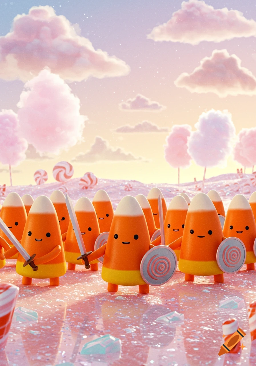 Cute candy corn characters with swords and shields stand in a whimsical, sugary landscape with cotton candy clouds, 3D render.
