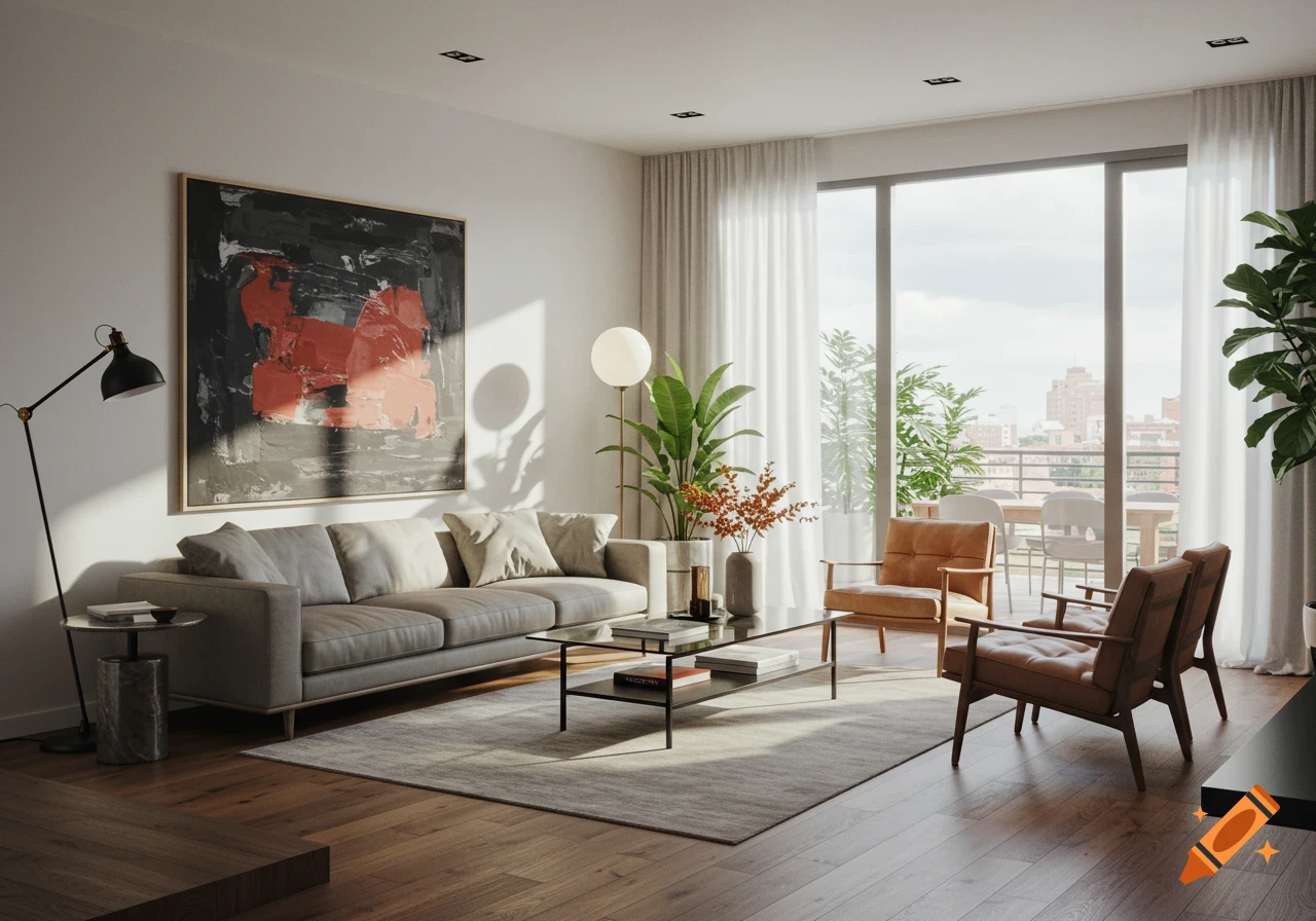 A photorealistic modern living room with a grey sofa, brown armchairs, plants, an abstract painting, and a large window overlooking a city.