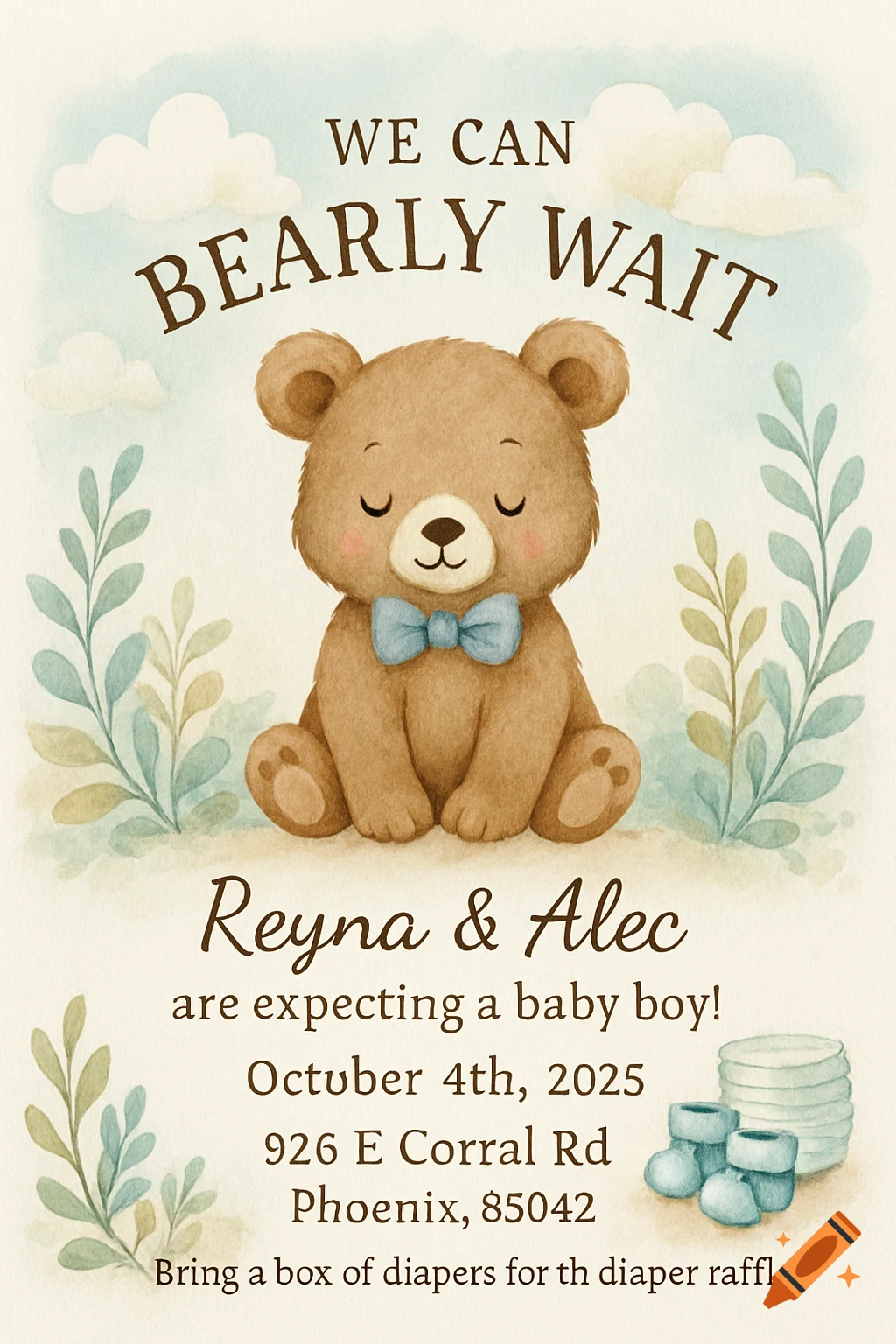 Watercolor baby shower invitation featuring a cute teddy bear with a blue bow, surrounded by foliage and clouds, with event details.