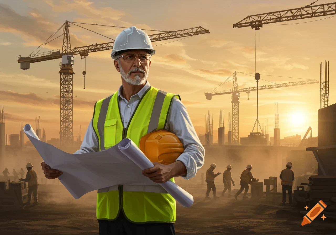 A bearded construction engineer in a hard hat and safety vest holds blueprints at a sunset construction site with cranes.