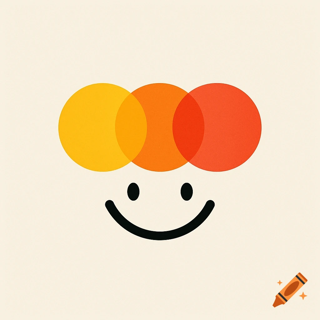 Simplistic abstract logo with three overlapping yellow, orange, and red circles above a black smiley face on a cream background.