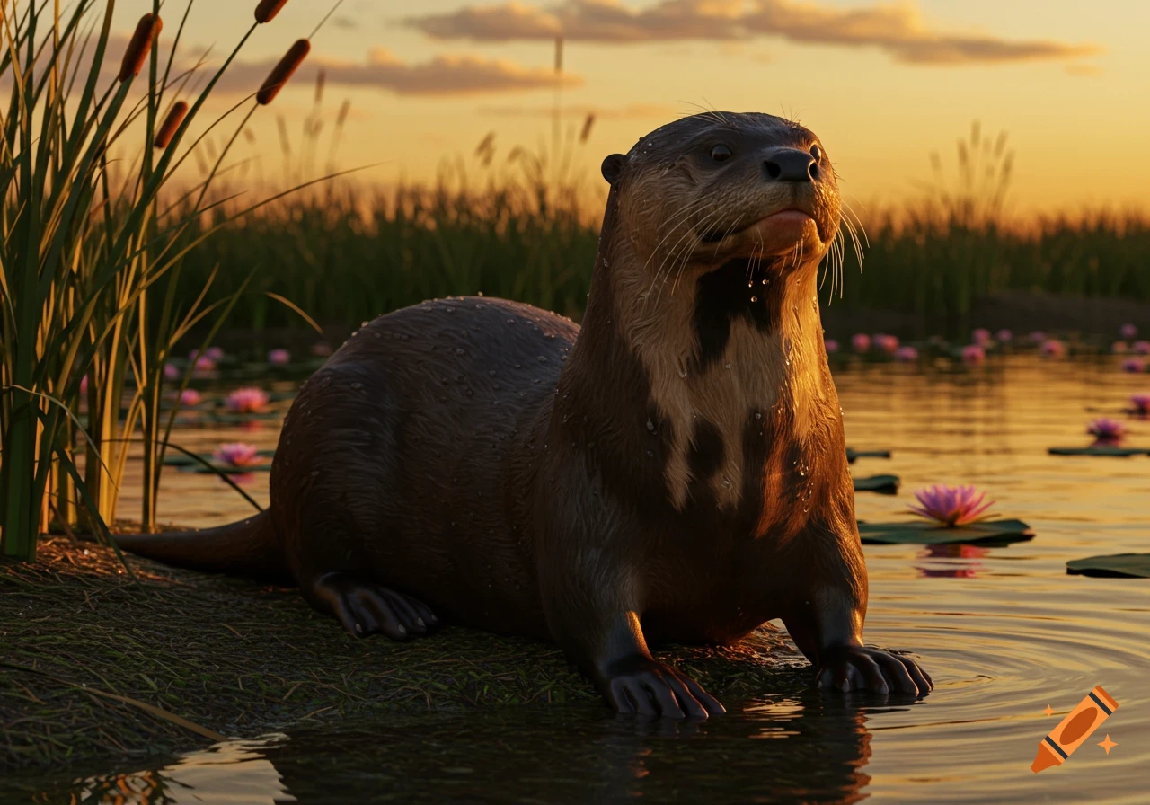 A photorealistic otter sits at the edge of a water lily pond with cattails at sunset, looking upwards.