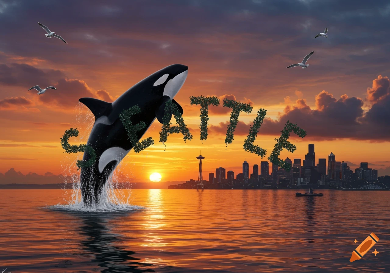 Photorealistic image of an orca leaping from water, spelling SEATTLE in green leaves, with Seattle skyline at sunset.
