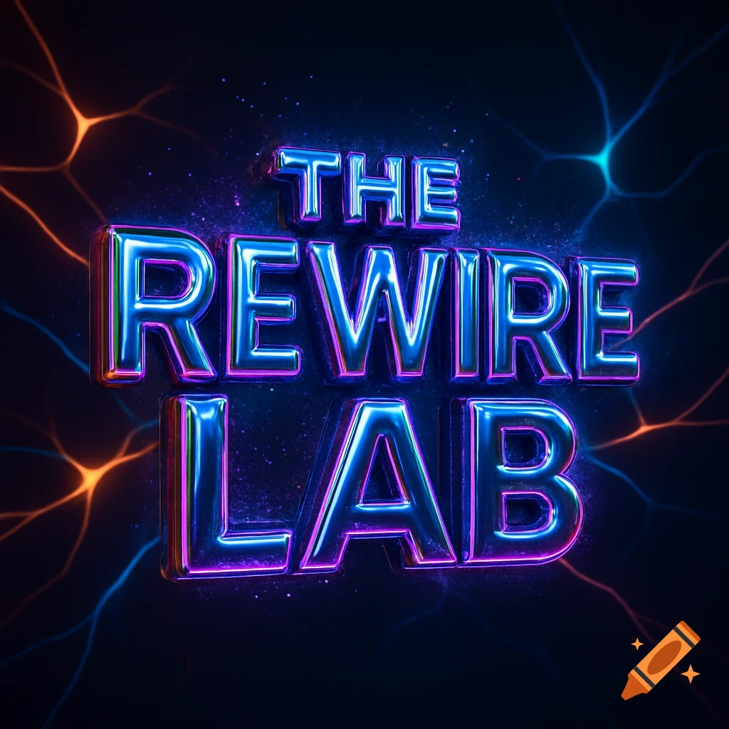 Futuristic 3D logo 'THE REWIRE LAB' with glossy metallic letters, neon glow, and glitter on a dark background with glowing neural network lines.