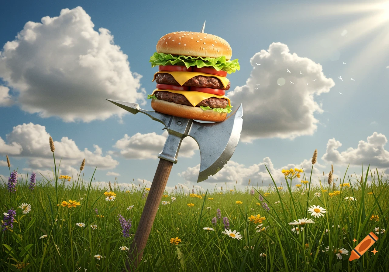 A photorealistic double-patty hamburger on a halberd in a vibrant green field with wildflowers under a blue sky.