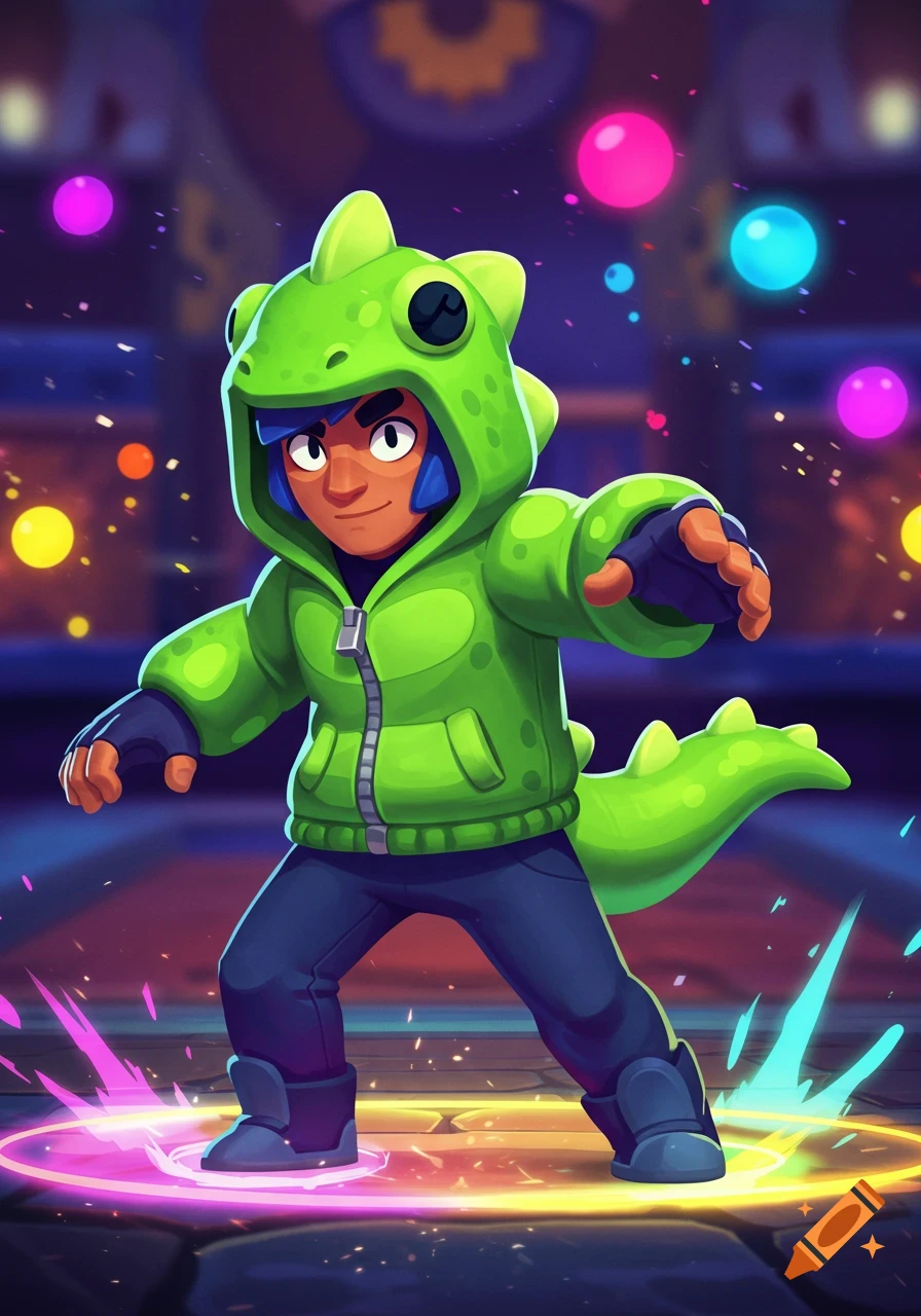 A cartoon character, Leon from Brawl Stars, in a green dinosaur hoodie, stands on a glowing platform with colorful lights.
