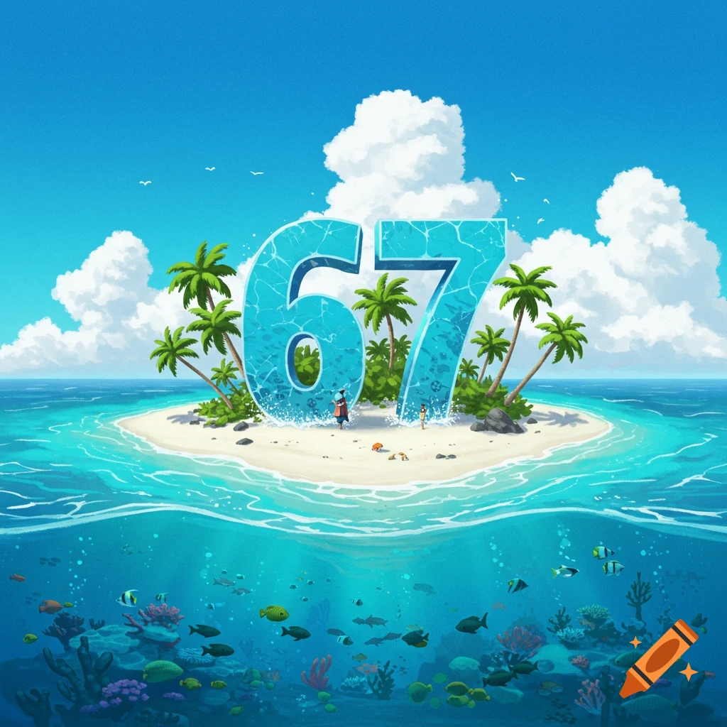 Illustration of a tropical island with large, light blue numbers '67' in the water, surrounded by palm trees and fish.
