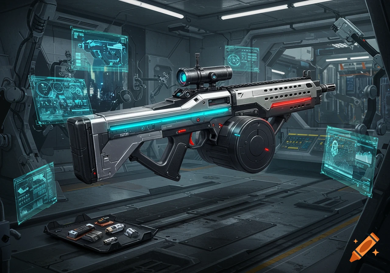 A futuristic light machine gun with blue and red lights floats in a high-tech lab with holographic screens.