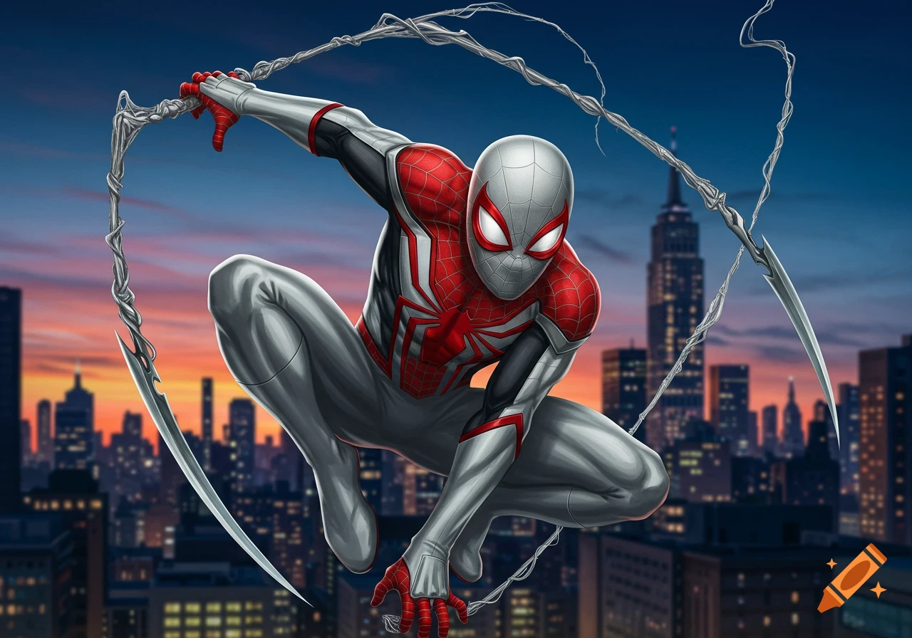 A silver and red superhero, similar to Spider-Man, crouches with web-blades against a city sunset in comic art style.