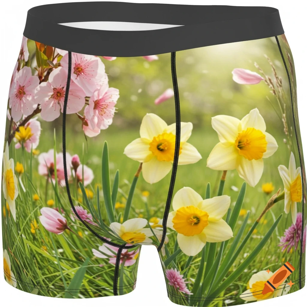 Boxer briefs with a vibrant spring floral pattern of yellow daffodils and pink cherry blossoms.