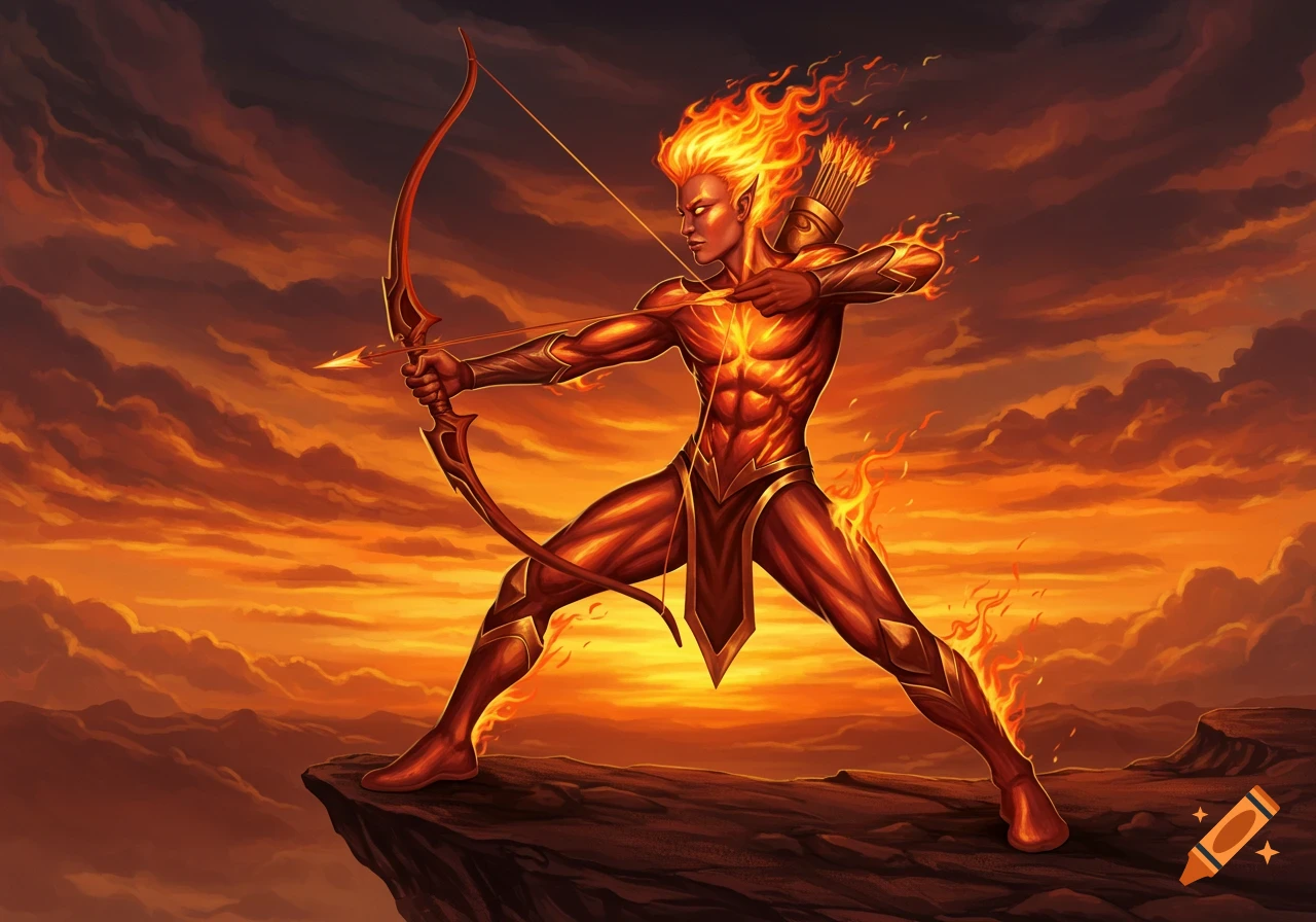 A fire-themed male elf archer with flaming hair and body, aiming a bow on a cliff edge against a dramatic sunset sky in a fantasy art style.