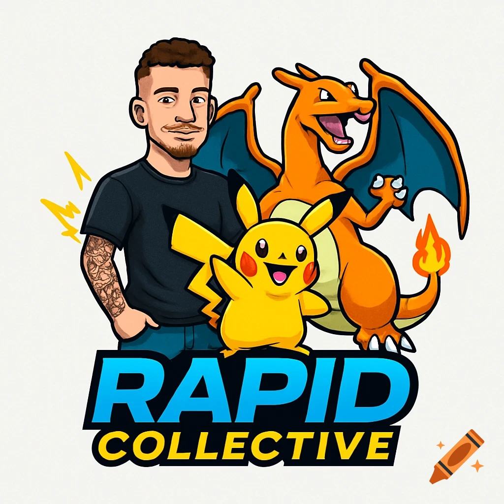 Cartoon logo featuring a man with tattoos and goatee standing next to Pikachu and Charizard, with 'RAPID COLLECTIVE' text.