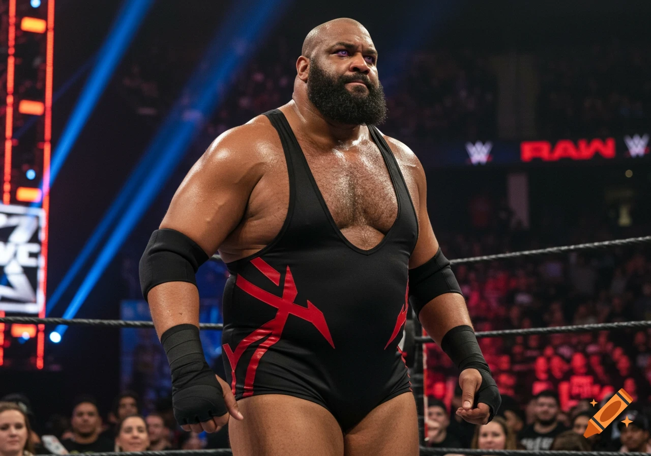 A large, muscular, bearded man in a black and red wrestling singlet stands in a wrestling ring, looking determined.