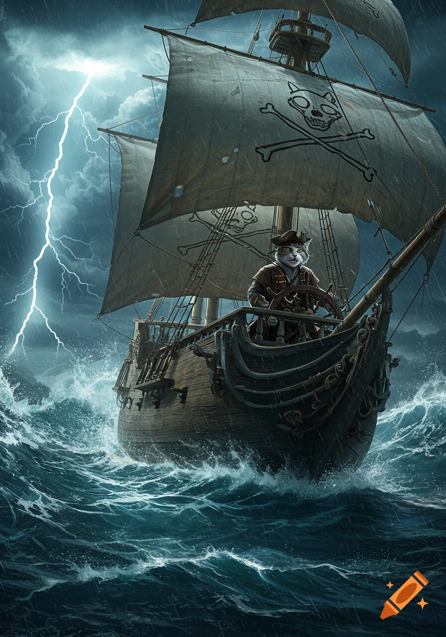 A dramatic image of a grey and white pirate cat captain steering a ship through stormy seas with lightning, flying a cat skull and fish bones flag.