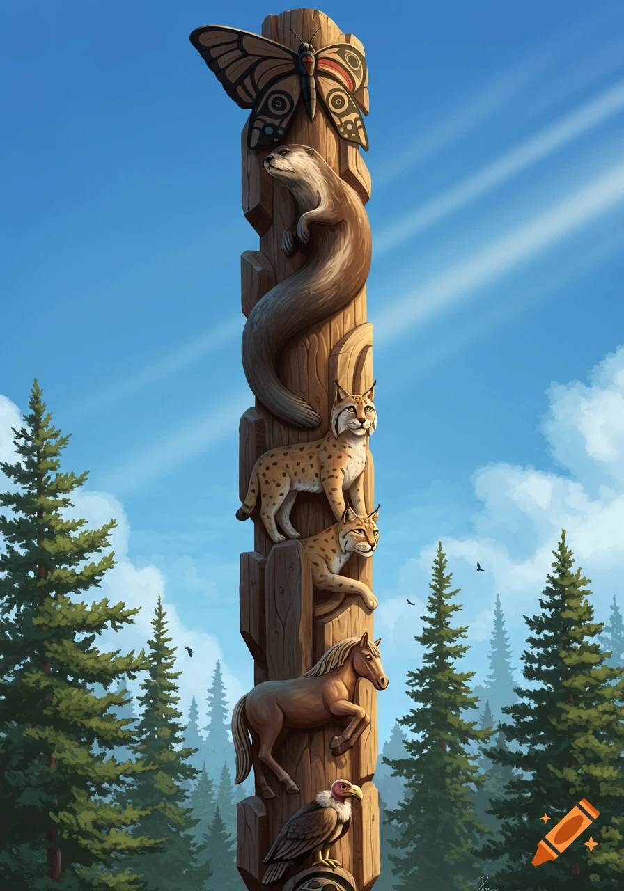 A tall wooden totem pole carved with a butterfly, otter, bobcat, horse, and vulture, set against a blue sky and green pine trees.
