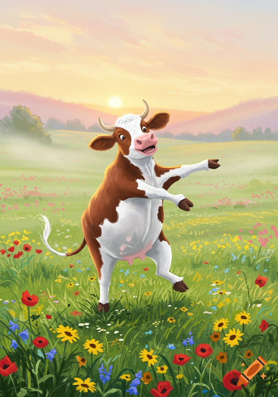 A happy cartoon cow with brown and white patches dances in a vibrant green meadow filled with colorful wildflowers at sunrise.