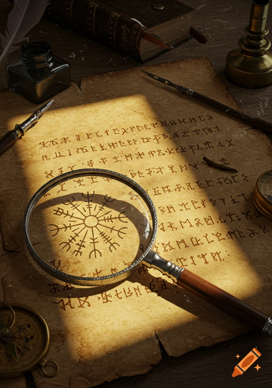 Close-up of an ancient, textured parchment covered in runes, with a magnifying glass over a Vegvisir symbol. A quill, inkwell, old book, and compass surround it.