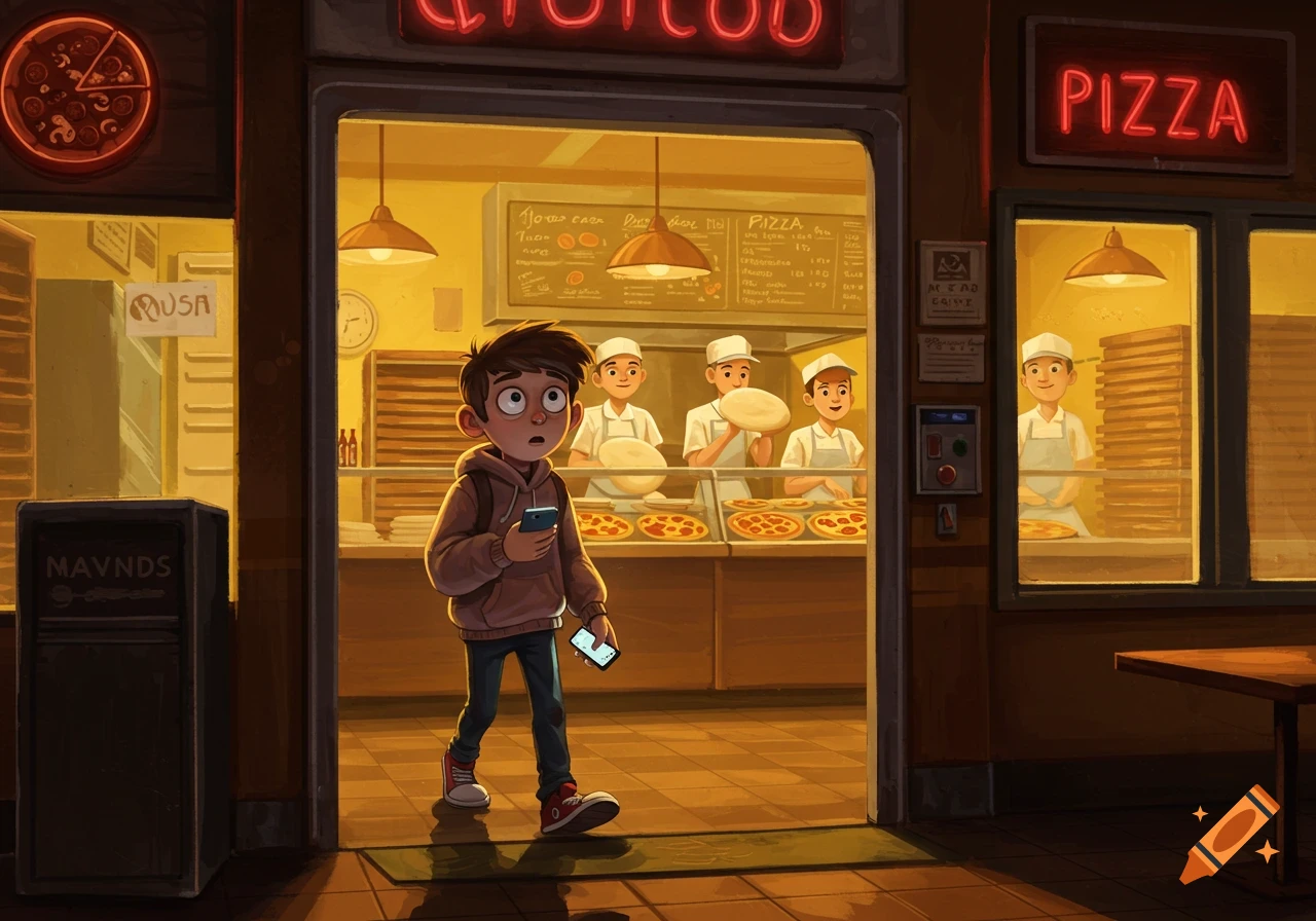 A cartoon boy with a backpack and two phones walks into a brightly lit pizza shop, where three chefs are preparing pizzas.