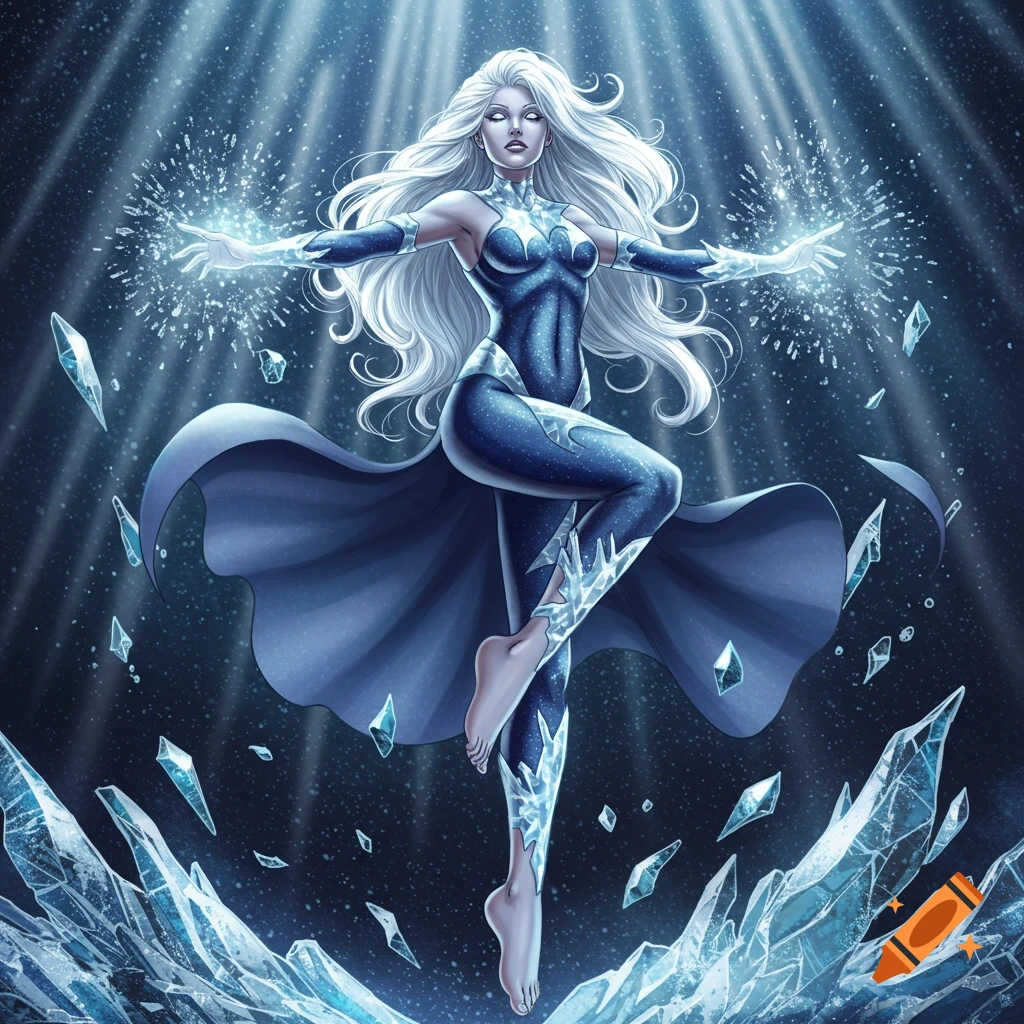 Female superhero Luna Snow, with long white hair and a blue suit, casts ice magic from her hands amidst ice shards. She floats barefoot against a dark, snowy background in a dynamic comic book art style.