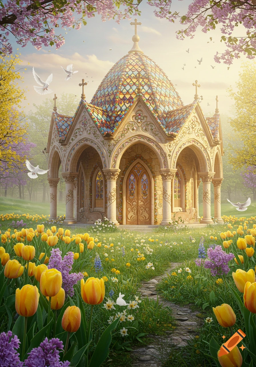 A vibrant, colorful chapel with a mosaic dome stands in a sunny spring field of yellow tulips and purple flowers, with doves flying.