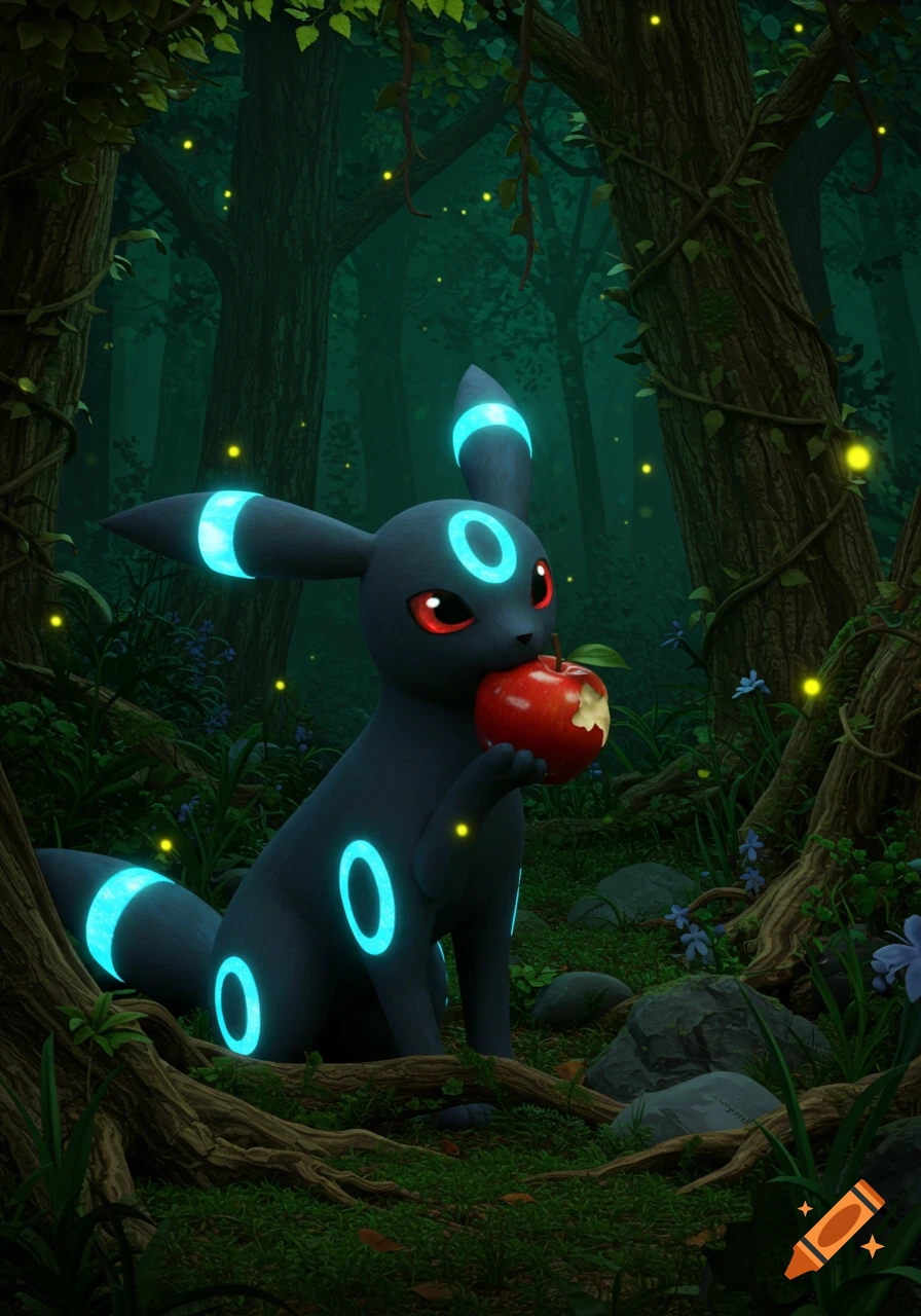 A dark digital illustration of Umbreon in a forest at night, eating a red apple, with its glowing rings and fireflies.