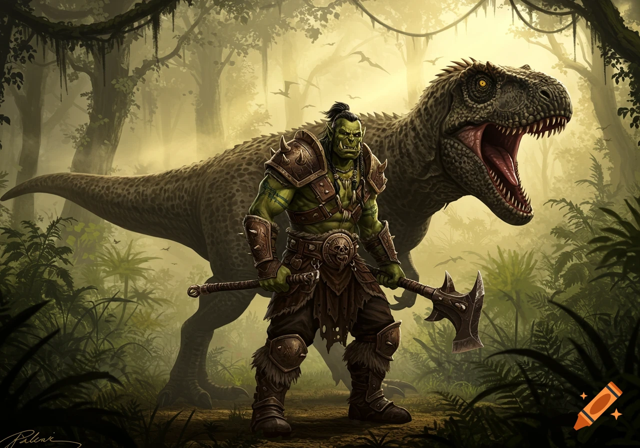 A muscular green orc warrior with an axe stands in a misty jungle, a large roaring dinosaur in the background. Digital illustration.