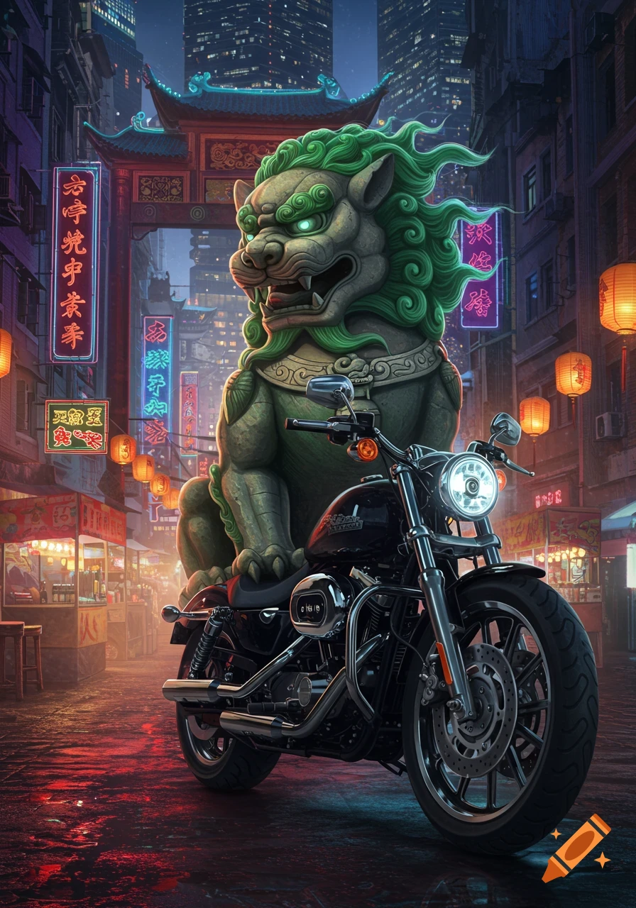 A large, green-maned foo dog statue stands next to a black Harley Davidson motorcycle on a vibrant, neon-lit Asian city street at night.