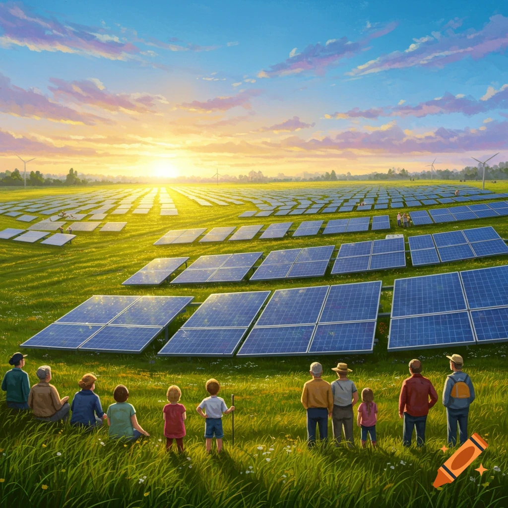 An illustrative scene of adults and children observing a vast solar panel farm in a green field at sunset, with wind turbines in the background.