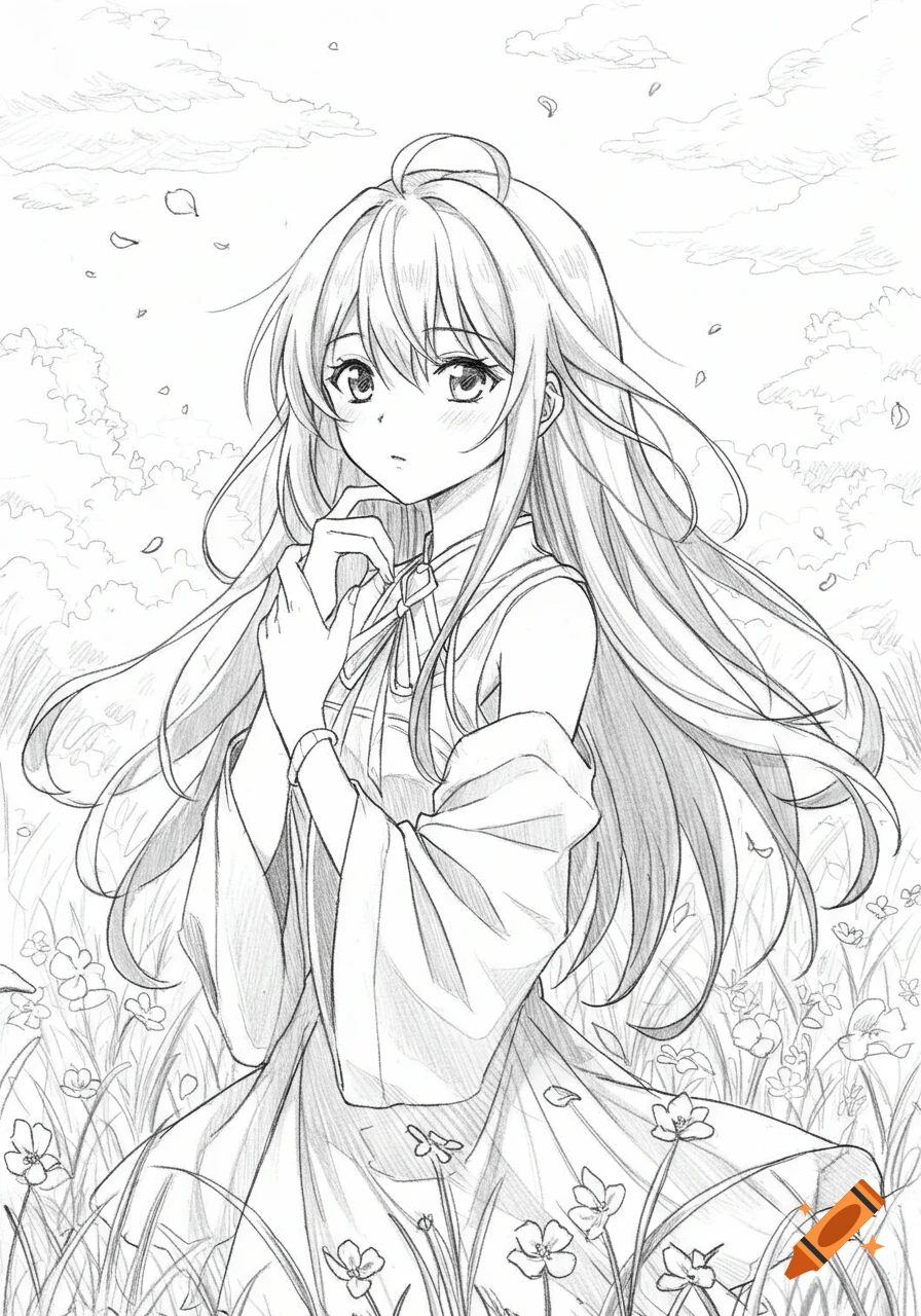 Monochrome anime sketch of a young girl with long hair standing in a field of wildflowers under a cloudy sky.