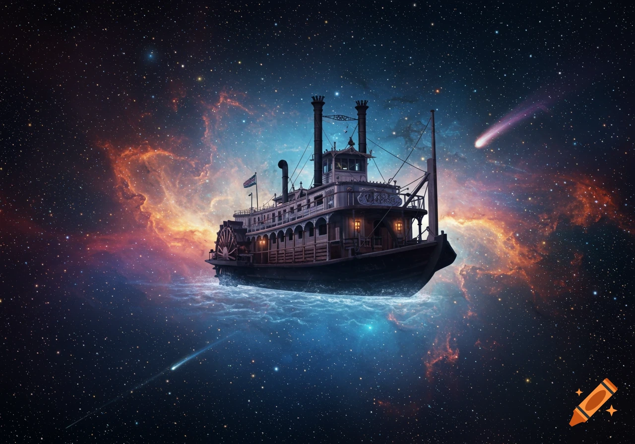 A majestic steamboat, resembling an old river barge, floats through the vibrant, star-filled expanse of a colorful nebula, with comets streaking by.