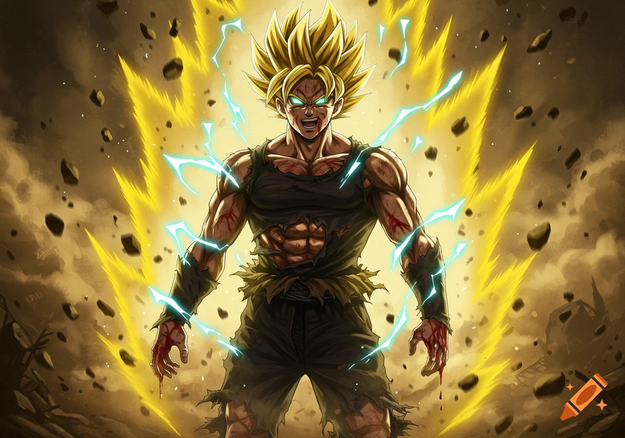 Muscular Super Saiyan with golden spiky hair, glowing eyes, torn clothes, battle wounds, and a golden aura with blue lightning.
