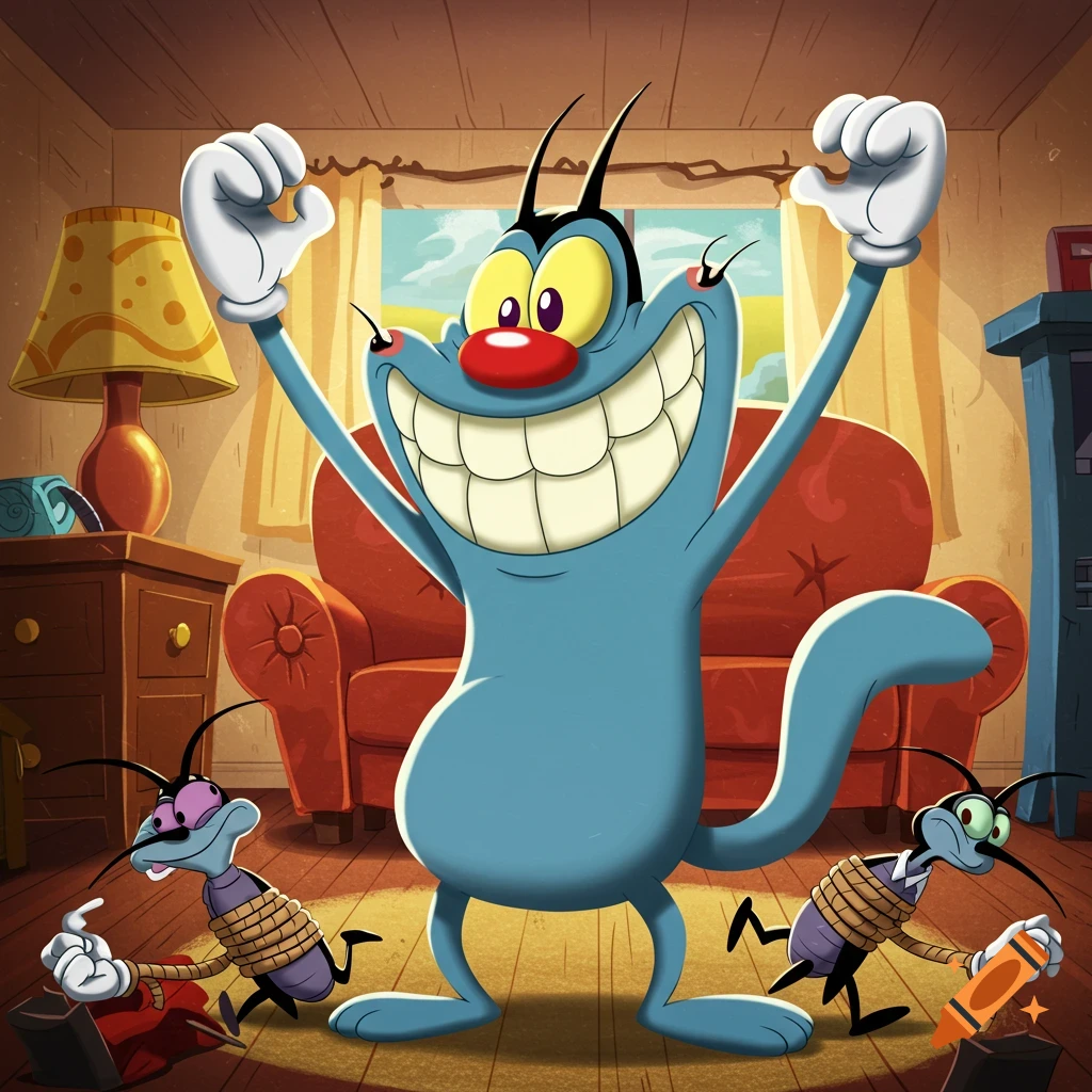 Cartoon cat Oggy with an evil smile, raising his arms in triumph, as three cockroaches are tied up on the floor of a living room.