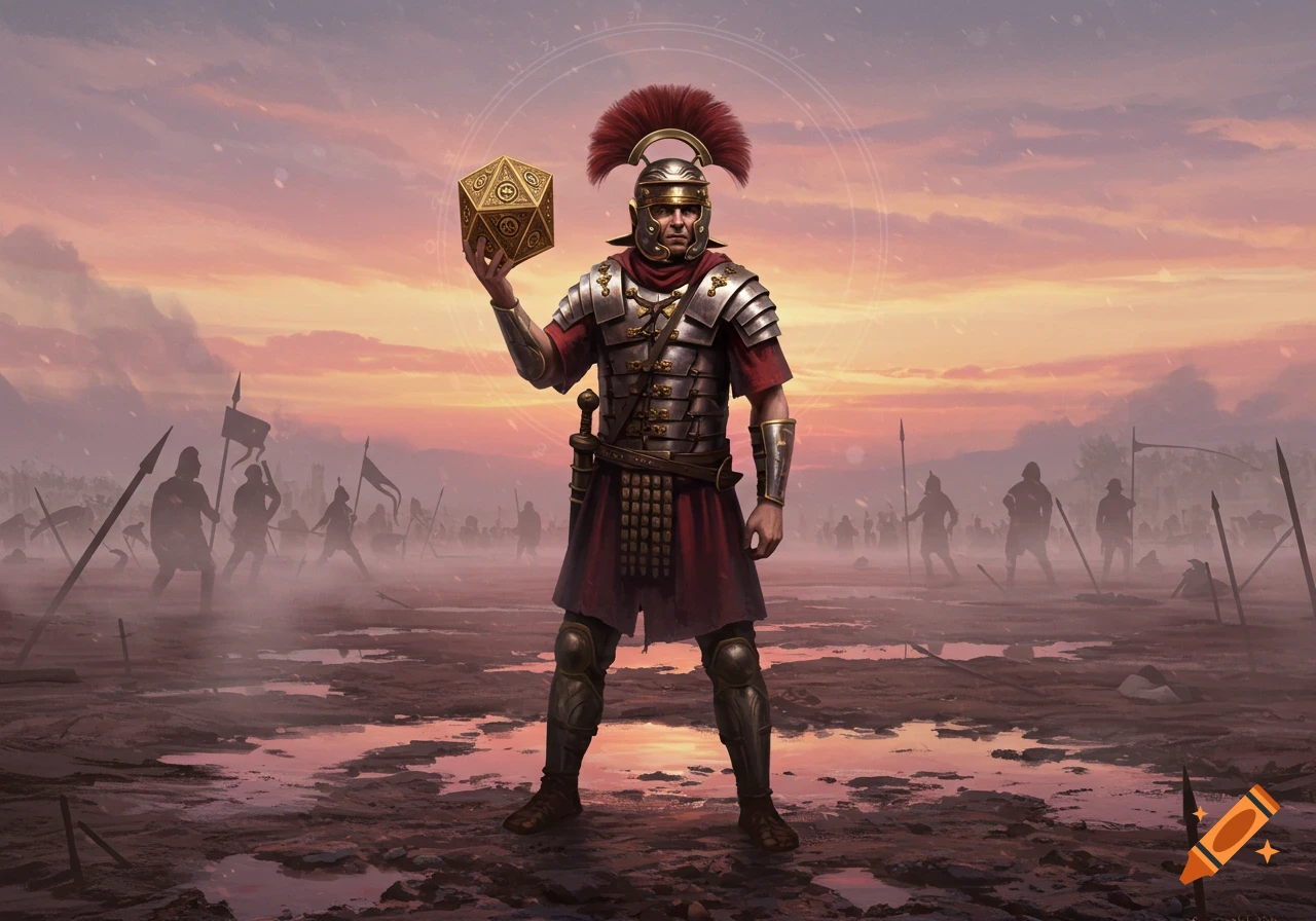A Roman centurion in full armor stands on a muddy battlefield at dawn, holding a golden dodecahedron. Silhouetted figures are in the background.