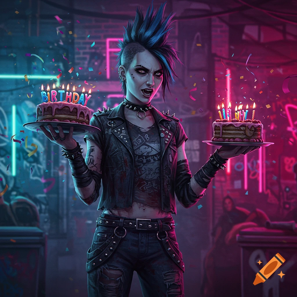 A stylized punk woman with blue mohawk and black leather jacket holds two birthday cakes with lit candles in a neon-lit urban setting.