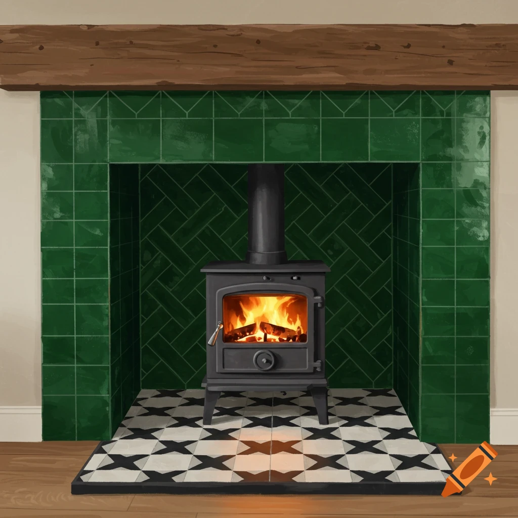 A cozy wood burning stove in a fireplace recess with green herringbone tiles, a black and white star-patterned hearth, and a rustic wooden beam.