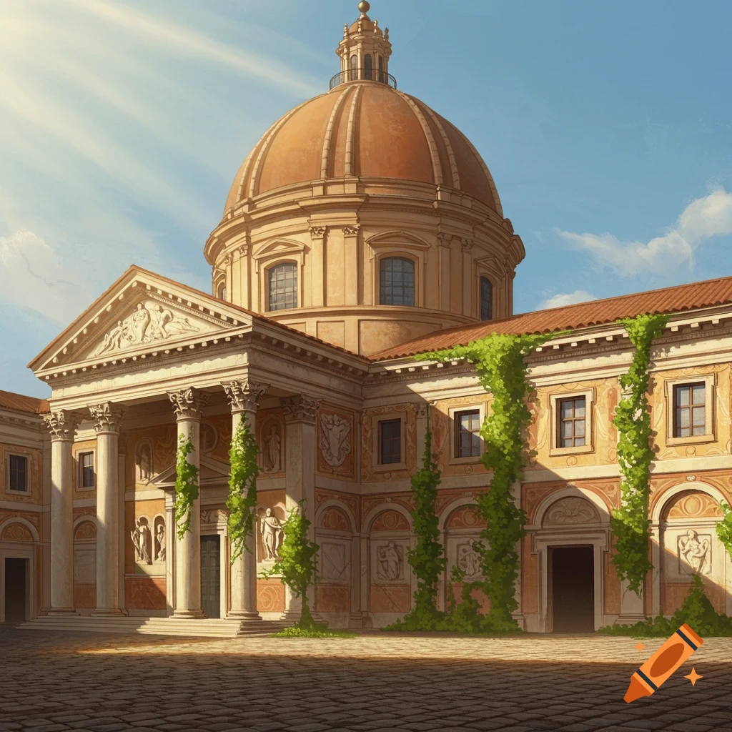 A grand classical building with a large copper dome, a colonnaded portico, and green ivy climbing its walls, under a blue sky.