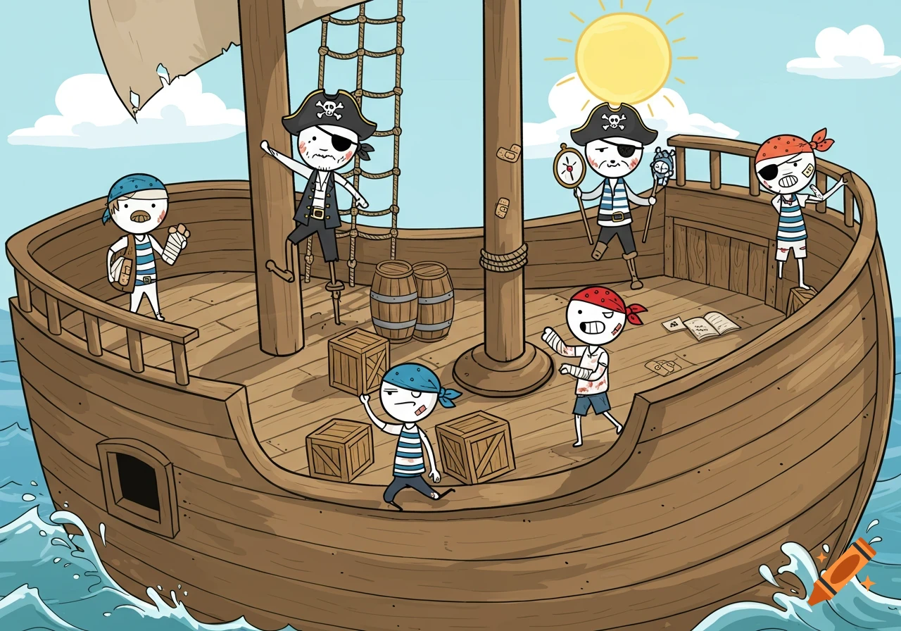 A cartoon illustration of stick figure pirates with injuries on a wooden ship, with barrels, crates, and a tattered sail under a sunny sky.
