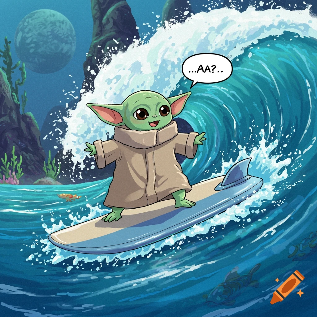 Cartoon illustration of Grogu from Star Wars surfing a large blue wave in the ocean with islands and a planet in the background.