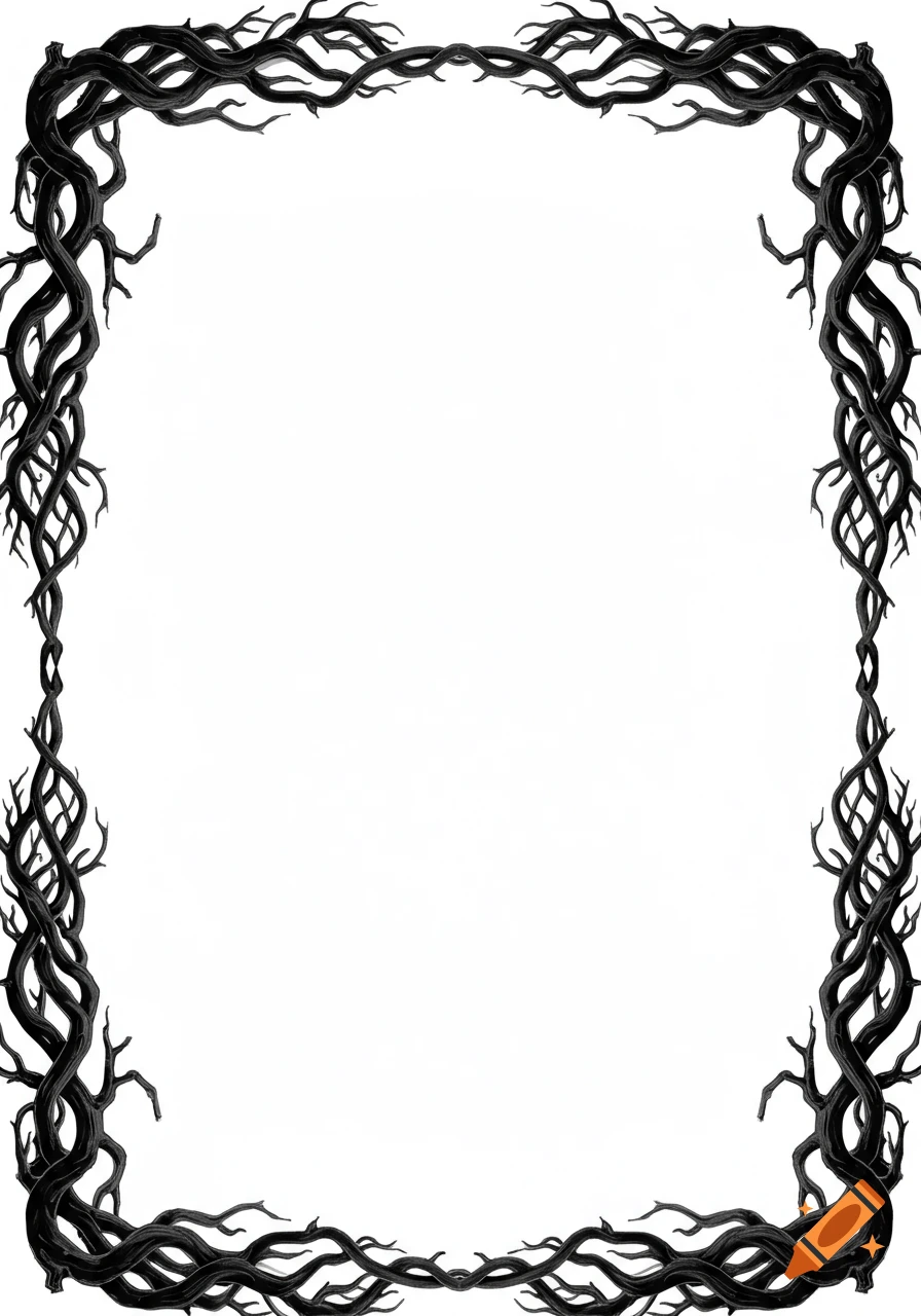 Stylized black tree branches and roots form a decorative border on a white background.