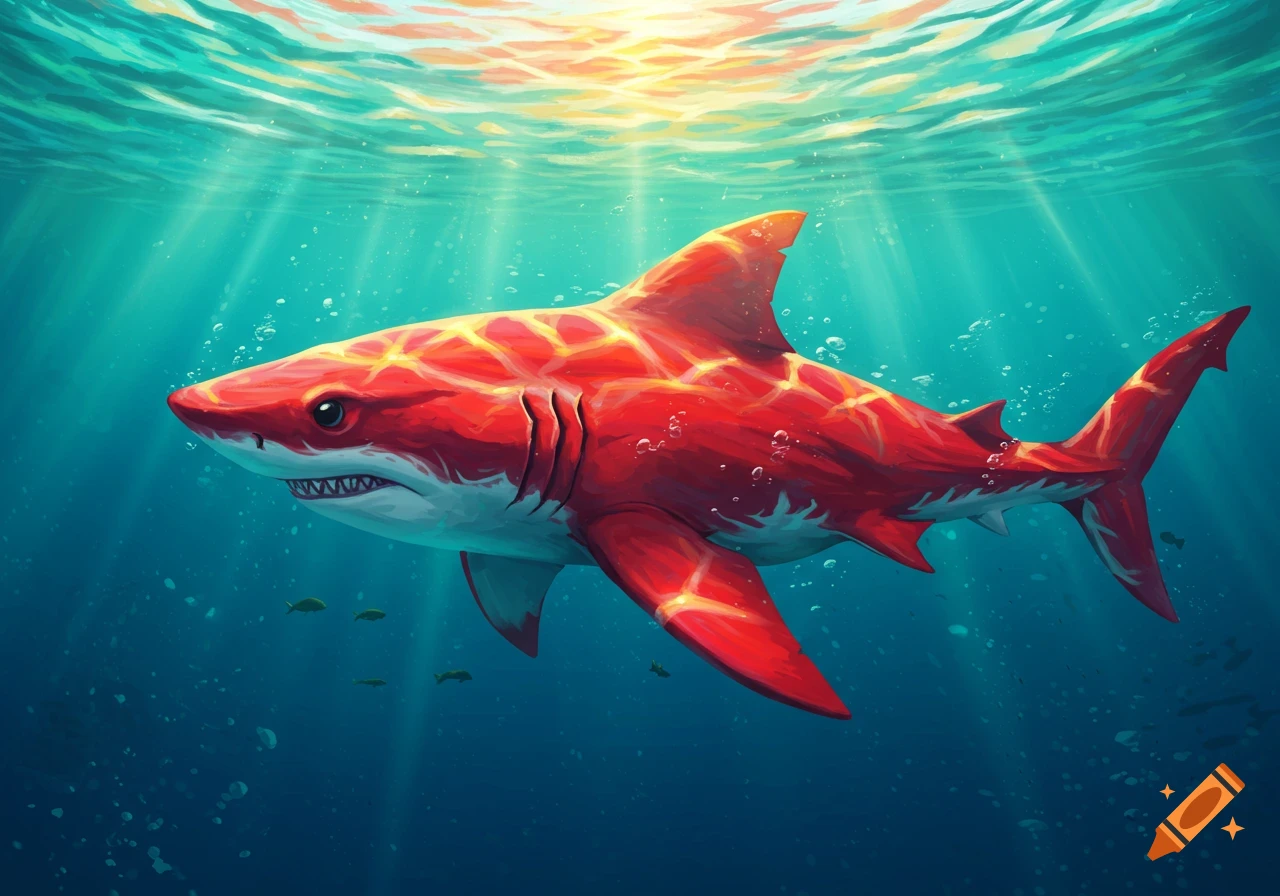 A vibrant red shark with glowing yellow patterns swims in deep blue-green water, illuminated by sunbeams from above. Stylized digital art.