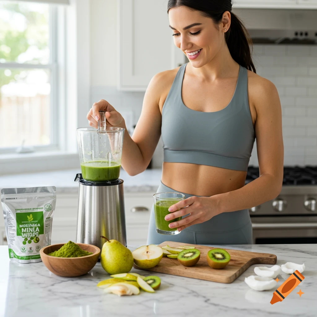 A smiling woman in gym attire makes a green smoothie in a blender in a bright kitchen, with fresh fruit and moringa powder on the counter.